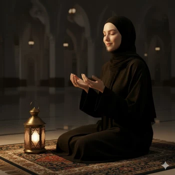 Peaceful Ramadan Prayer Scene with Woman Sitting Beside a Glowing Lantern