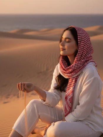 Peaceful woman in white outfit enjoying sunset on golden desert dunes