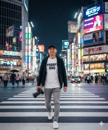 Photographer walking confidently in city street at night with camera in hand