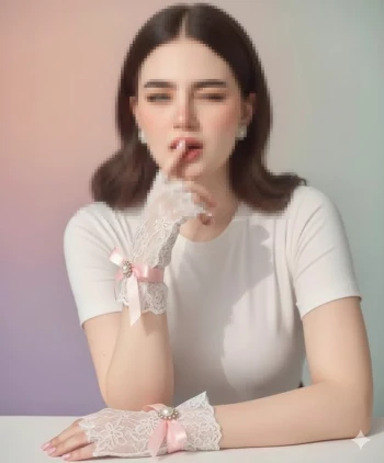 Playful woman in white lace gloves with pink ribbons posing against pastel background