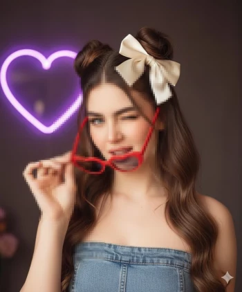 Playful woman with red heart sunglasses and bow posing under neon heart light
