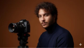 Portrait of Photographer Beside Canon Camera on Tripod in Warm Brown Studio
