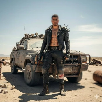 Post Apocalyptic Survivor Standing Beside a Spiked Car in Desert Wasteland