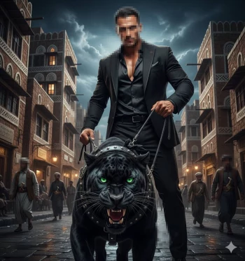 Powerful man in black suit walking fierce panther through ancient city streets