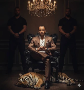 Powerful Man Sitting on Throne with Tiger Under Chandelier and Bodyguards