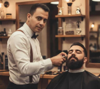 Professional barber trimming client’s beard in vintage style grooming studio