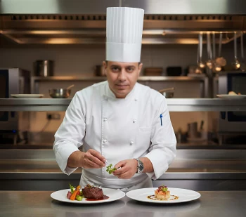 Professional chef garnishing gourmet dishes in a modern stainless-steel kitchen