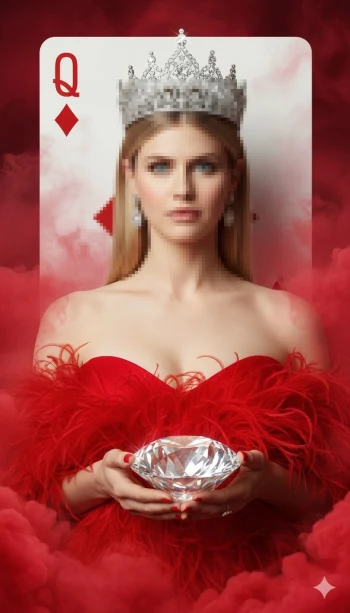 Queen of Diamonds Luxury Portrait with Red Gown, Crown, and Crystal Elegance