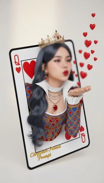 Queen of Hearts blowing red hearts in a creative 3D playing card design
