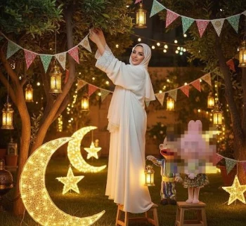 Ramadan Garden Night Decor with Crescent Moon Lights and Lanterns