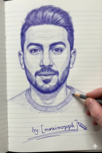Realistic blue ink portrait drawing of a man on lined notebook paper