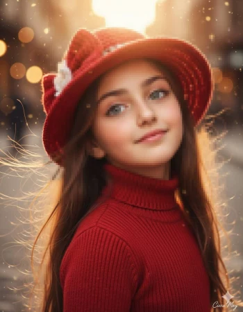 Red Hat Golden Hour Portrait with Soft Bokeh City Lights
