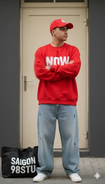 Red Streetwear Outfit with Bold NOW Sweatshirt and Casual Denim Style