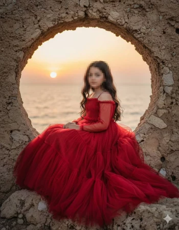 Red Tulle Dress Sunset Portrait Framed by Stone Arch at the Sea