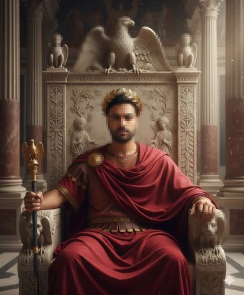 Roman emperor wearing red toga and golden crown sitting on majestic stone throne