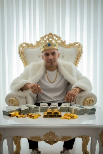 Royal Luxury Portrait of a Man Surrounded by Cash and Gold Bars