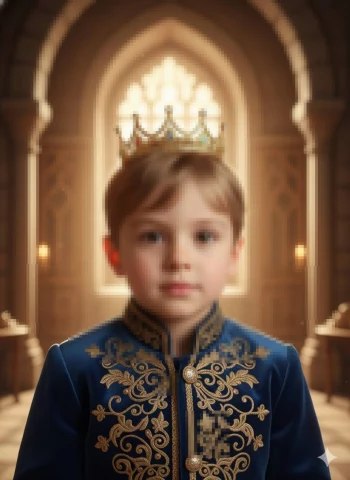Royal Portrait of a Young Boy Wearing a Crown in an Elegant Palace Setting