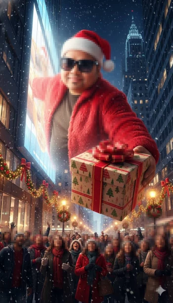 Santa Giving a Christmas Gift to a Happy Crowd on a Festive City Street