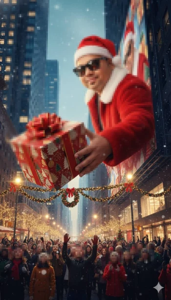 Santa Offering a Christmas Gift Above a Joyful Crowd on a Snowy City Street