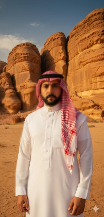Saudi Man in Traditional Thobe Standing Before Majestic Desert Rock Formations