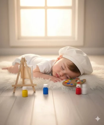 Sleeping Baby Artist with Paints and Easel in Warm Sunlit Room