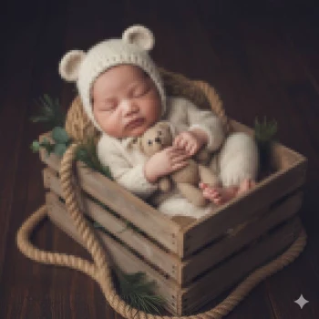 Sleeping newborn in knitted bear outfit holding teddy in wooden crate