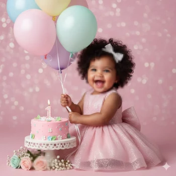 Smiling Baby Girl Celebrating First Birthday with Pink Cake and Balloons