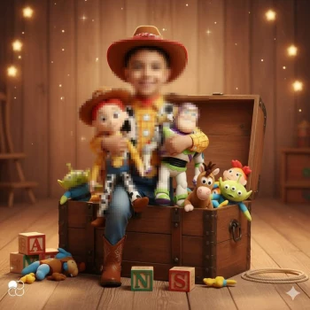 Smiling Boy Dressed as Cowboy Holding Toy Story Characters in Cozy Room