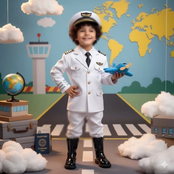 Smiling boy dressed as pilot holding toy airplane in travel themed background