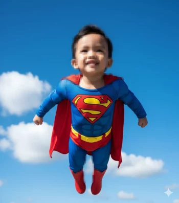 Smiling boy dressed as superhero flying confidently under blue sky