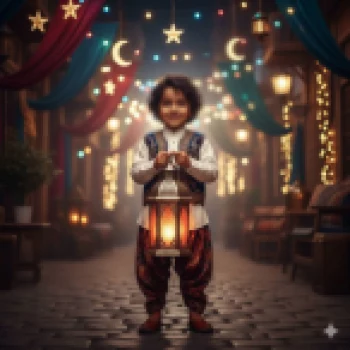 Smiling Boy Holding Ramadan Lantern in Festive Street with Lights and Decorations