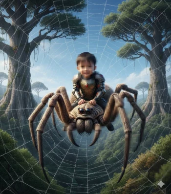 Smiling boy in armor riding giant spider on web in fantasy forest scene