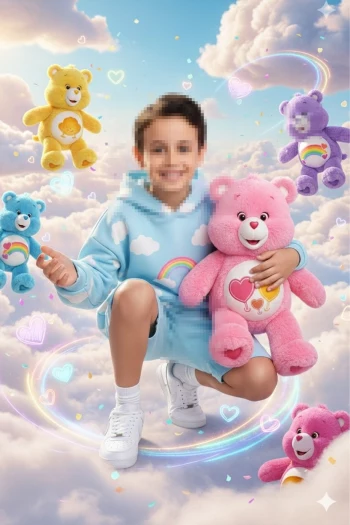 Smiling boy in blue hoodie playing with colorful teddy bears on fluffy clouds