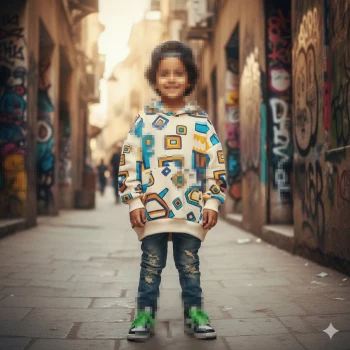 Smiling Boy in Colorful Hoodie Standing in Graffiti Street with Urban Style