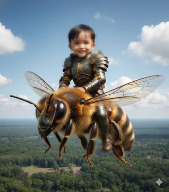 Smiling boy in golden armor riding a giant bee over a green forest