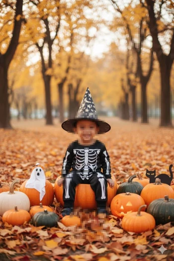 Smiling boy in skeleton costume sitting with pumpkins on autumn leaves