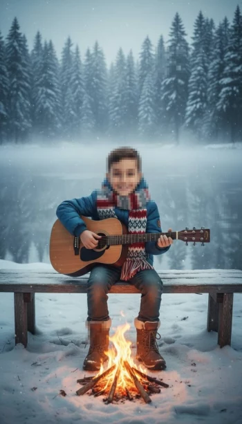 Smiling Boy Playing Guitar by Campfire in Snowy Winter Forest