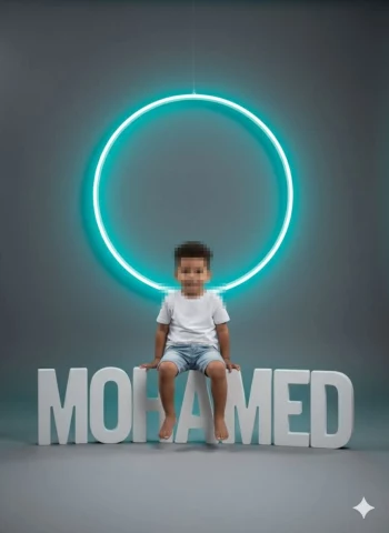Smiling Boy Sitting on MOHAMED Letters with Neon Circle Light in Modern Studio