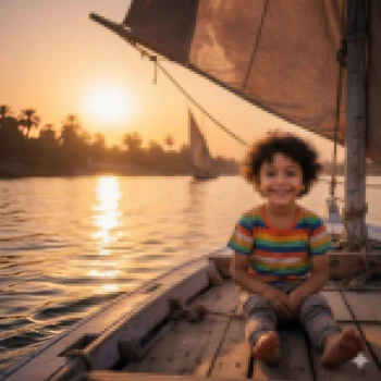 Smiling Boy Sitting on Sailboat During Sunset Over Calm River