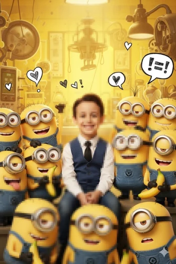 Smiling boy sitting with funny yellow Minions in a bright cartoon laboratory scene