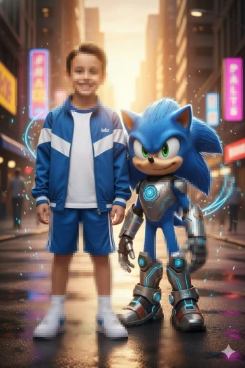 Smiling boy standing with futuristic blue hedgehog character in city street
