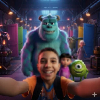 Smiling Boy Taking Selfie with Monsters Inc Characters in Colorful Factory