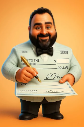 Smiling Cartoon Man Signing a Large Check with a Golden Pen