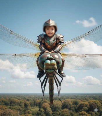 Smiling child in fantasy armor riding a giant dragonfly above a lush forest