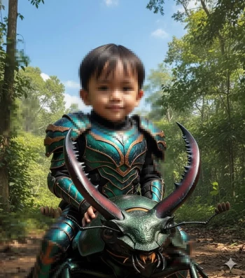 Smiling child in green fantasy armor riding a giant beetle in a forest