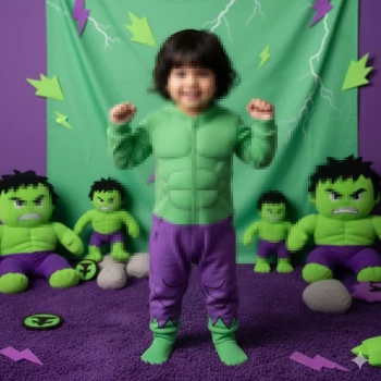 Smiling Child in Hulk Costume Posing with Plush Toys in Colorful Room