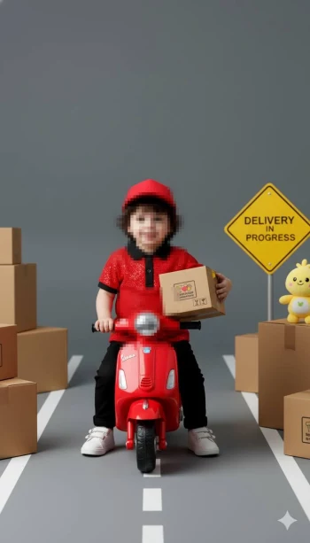 Smiling child in red outfit riding toy scooter with delivery boxes