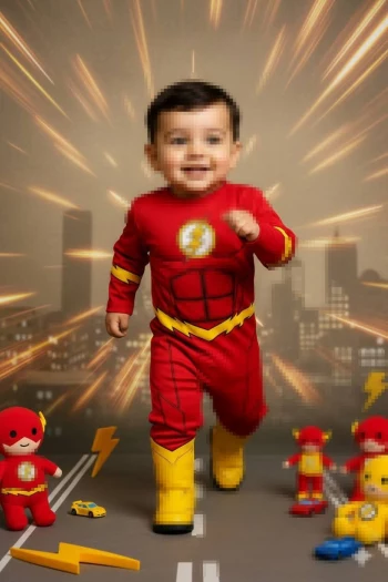Smiling Child in The Flash Superhero Costume Running with Toys and Lightning Effects