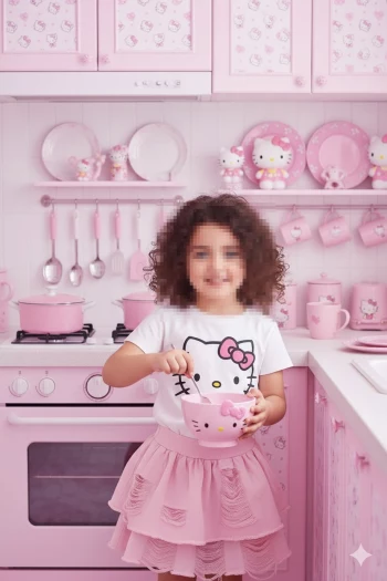Smiling Girl Cooking in Pink Hello Kitty Themed Kitchen
