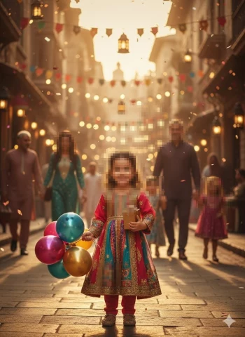Smiling Girl Holding Balloons During Festive Celebration in Colorful Street